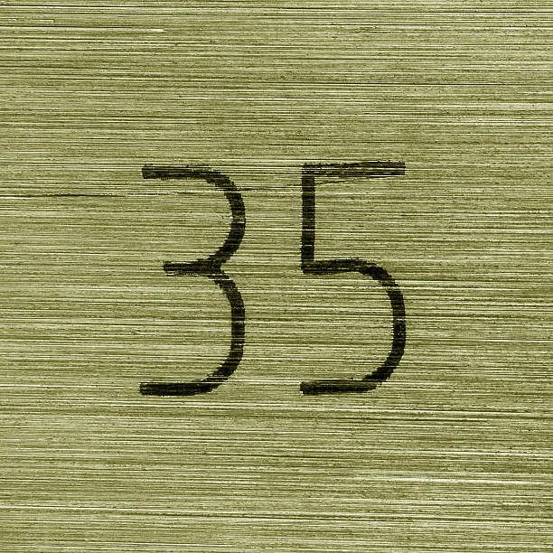 istock Scratched golden numbers 35 or thirty five on a piece metallic panel. Abstarct numeral background. 2207824246