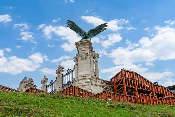 Budapest, Hungary - March 15, 2025: A bronze statue of a turul a mythical bird or eagle at Buda Castle