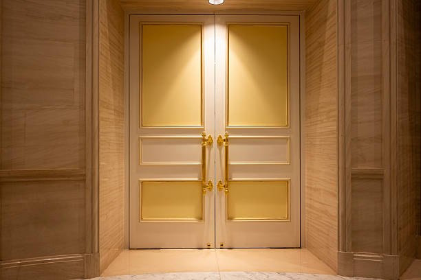 White European style gate illuminated by lights