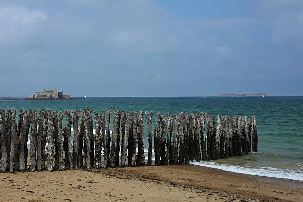 Breakwater on Hoguette Beach in Saint Malo, Brittany, France