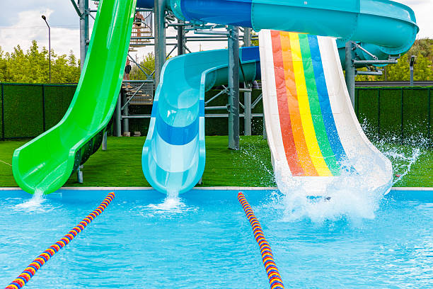 istock A pool with a green, blue, and white slide 2207866025