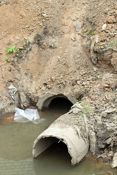 istock Waste draining. Pipe in ground. Old sewerage. Pipe goes into pond. Bad environment. 2207872465