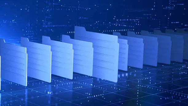 Photo of Digital file folders in a futuristic cyber environment represent data storage, cloud computing, document management, and file organization technology. Digital big data abstract background 3d Rendering