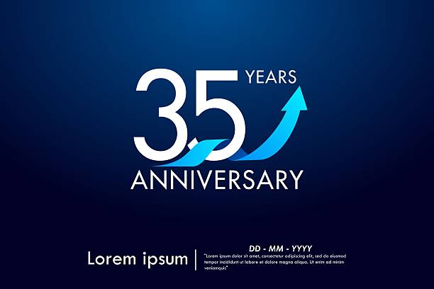 35th years anniversary celebration emblem. anniversary logo isolated with arrow growth up and blue ribbon on dark blue background. vector illustration template design for web, flyers, poster, greeting card