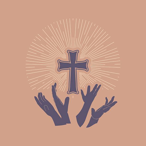istock Human hands reaching out to the Christian cross, almost touching. Help, religion and love concept. Cross icon between hands 2207885554