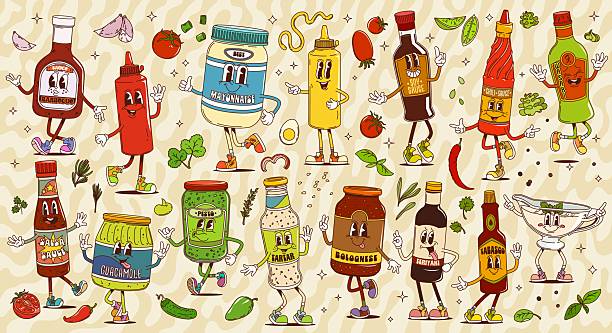 Cartoon groovy sauce bottles characters, vector food condiments and seasonings. Retro ketchup, chili, mayonnaise and mustard, soy, salsa and bbq dressing. Groovy ranch, wasabi, pesto or teriyaki sauce