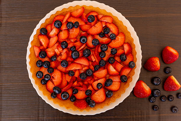 istock Strawberry pie top view. Beautiful fruit cake on the table. Homemade cakes 2207893636