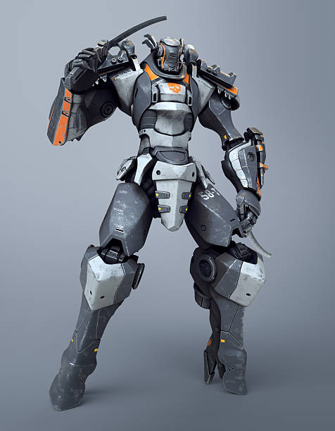 istock 3d render mech samurai warrior standing and holding two swords. Robot with a katana on his shoulder. Futuristic robot with white and gray color metal. Sci-fi Mech Battle on gray background. 2207893674