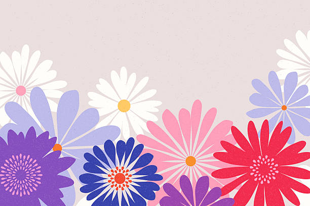 Spring background with simple colorful stylized flowers.