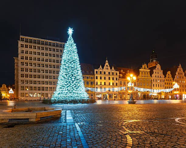 istock Christmas Tree and Fredro Monument Illuminated at Night in Wroclaw Market Square 2207894846