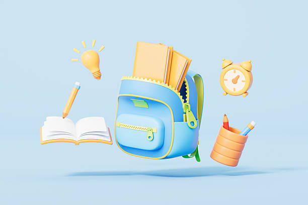 istock 3d rendering cartoon schoolbag and stationery in blue background 2207900565
