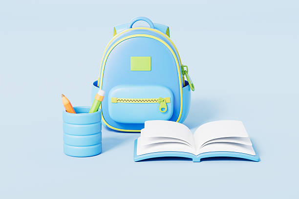 istock 3d rendering cartoon schoolbag and books in blue background 2207900663