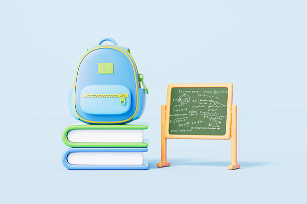 istock 3d rendering cartoon schoolbag ,books and blackboard in blue background 2207900969
