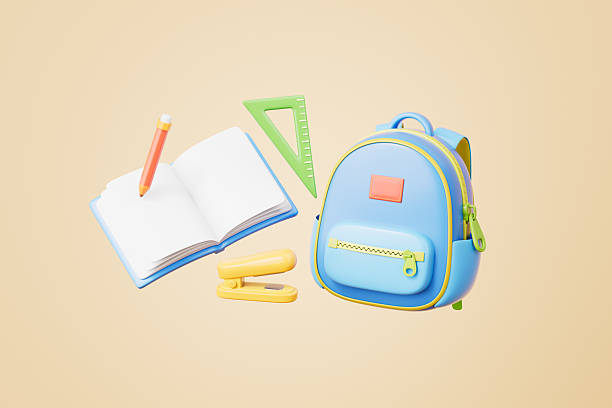 istock 3d rendering cartoon schoolbag and stationery in yellow background 2207900977