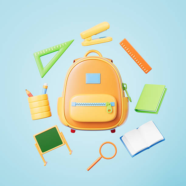 istock 3d rendering cartoon schoolbag and stationery in blue background 2207900980