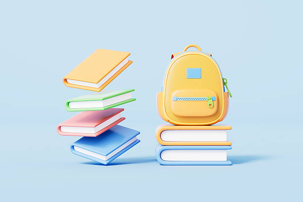 istock 3d rendering cartoon schoolbag and books in blue background 2207900982