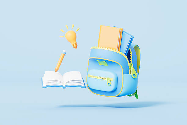 istock 3d rendering cartoon schoolbag and books in blue background 2207900984