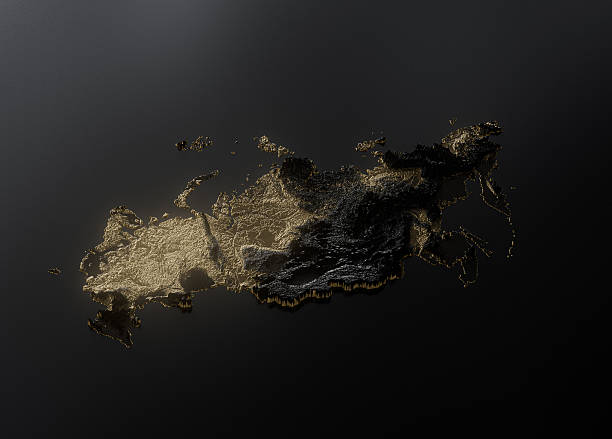 Russia Map Golden Metallic Texture Map Gold Reserves And Gold Mining Concept 3D Illustration\nSource Map Data: tangrams.github.io/heightmapper/,\nSoftware Cinema 4d