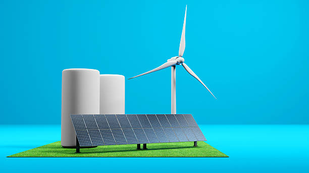 istock Wind turbiner with Solar panel on color background. concept clean energy power, 3d render 2207903719