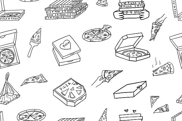 Seamless pattern of pizza box and slice of pizza. Italian cuisine, Pizza lover. Doodle style. Hand drawn. Seamless pattern of pizza box and slice of pizza. Italian cuisine, Pizza lover. Doodle style. Hand drawn. Great for menu design, banners, sites, packaging. Vector illustration EPS10 pepperoni pizza drawing stock illustrations