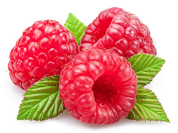 istock Three raspberries with leaves isolated on white background. 2207910000