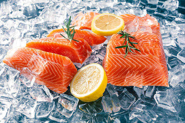 istock Fresh Salmon Fillets with Lemon and Herbs on Ice for Culinary Presentation and Cooking 2207911271