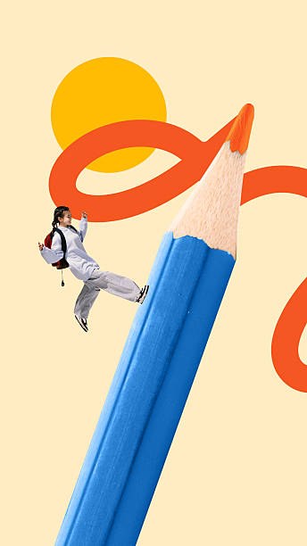 Conceptual art collage. Child climbing giant blue pencil with orange scribble, symbolizing creative leap into knowledge.