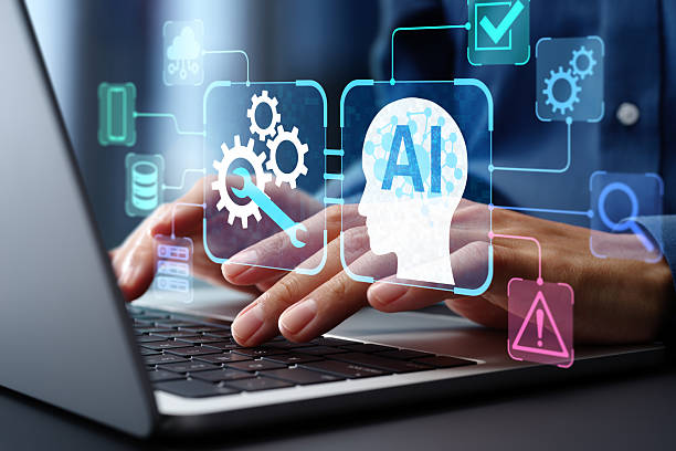 AI-driven automated maintenance and system updates. Problem detection and resolution automation. Engineer using laptop computer to instruct AI for maintenance. stock photo