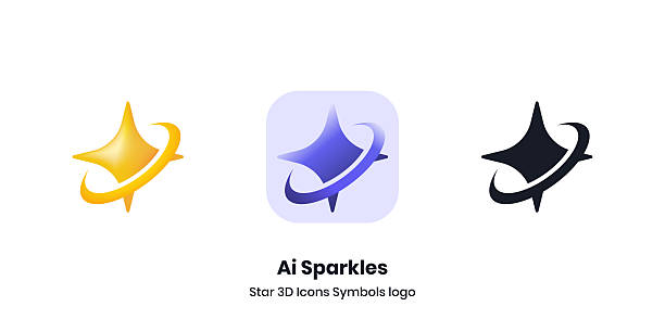 illustrations, cliparts, dessins animés et icônes de ai sparkles star 3d icônes symboles logo, ensemble de technologie multimédia d’ia générative intelligence artificielle et apprentissage automatique technologie concept - modèle dia générative