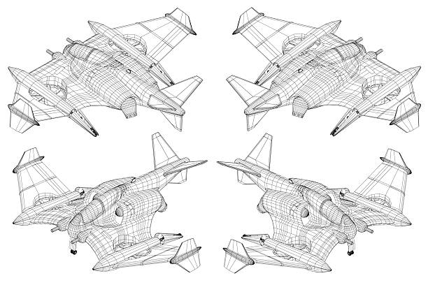 istock Four planes are shown in a black and white drawing. The planes are all different sizes and are positioned at various angles. The drawing gives the impression of a futuristic aircraft 2207915557