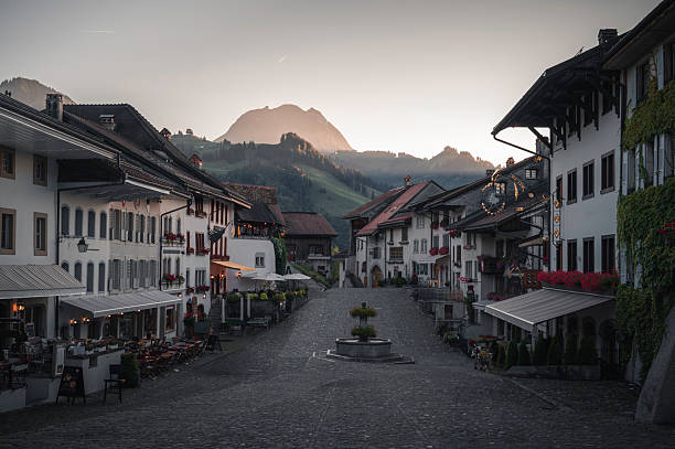 Panoramic view of the square in Gruyeres, Switzerland.