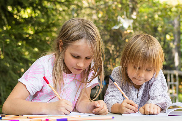 istock Two young sisters drawing with colorful fineliners in notebooks at an outdoor table 2207923817