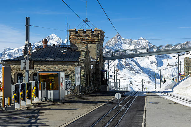 People at Gornergrat railway station (3.089 m) above Zermatt town in Mattertal, Valais canton, Switzerland, in winter. Taken by Sony a7R II, 42 Mpix.