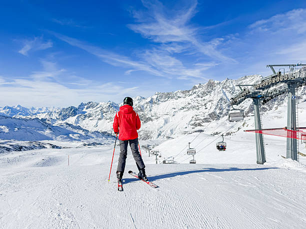 Young skier on ski slopes at winter ski resort Cervinia, Italy.