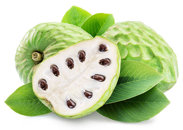istock Cherimoya or custard apple fruit and slice of fruit isolated on white background. Clipping path 2207928576