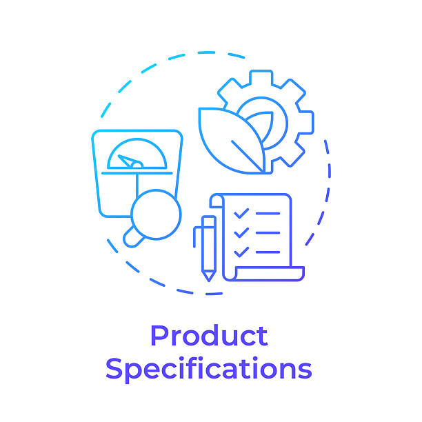 Product specifications blue gradient concept icon Product specifications blue gradient concept icon. Features and performance capabilities. Goods data sheet. Round shape line illustration. Abstract idea. Graphic design. Easy to use in presentation specifications icon stock illustrations
