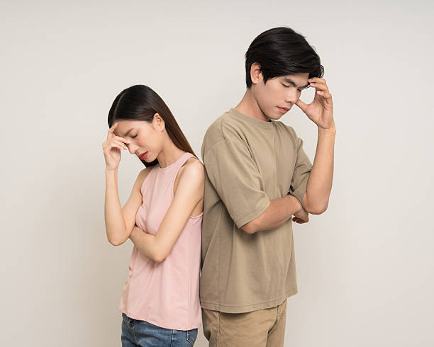 istock Bad relationship unhappy asian couple quarreling in various action gesture standing on isolated white background. Shouting angry man and woman stressed has problem in Married life 2207930961