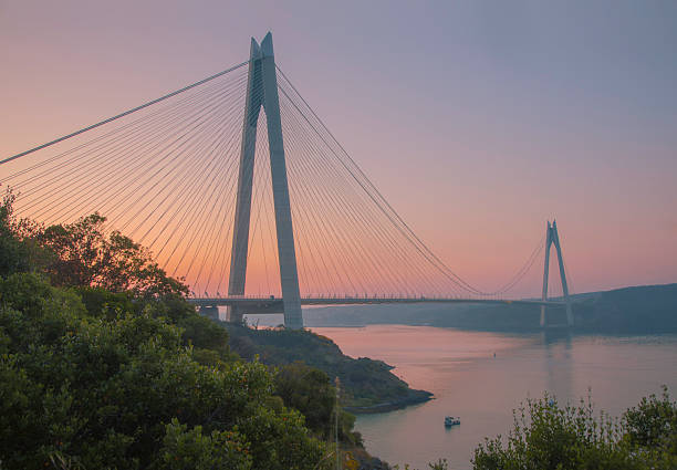 An ethereal scene unfolds on a misty morning in Istanbul as the first light of dawn breaks through the fog. The iconic Yavuz Sultan Selim Bridge emerges from the hazy atmosphere, its towering pillars shrouded in mystery. A cargo ship gracefully glides beneath the bridge, leaving a gentle wake in the calm waters of the Bosphorus. This captivating photograph captures the serenity and mystique of Istanbul's maritime landscape, where ancient and modern elements converge in perfect harmony. The soft, diffused light adds an enchanting touch to the scene, evoking a sense of tranquility and wonder in the viewer's heart