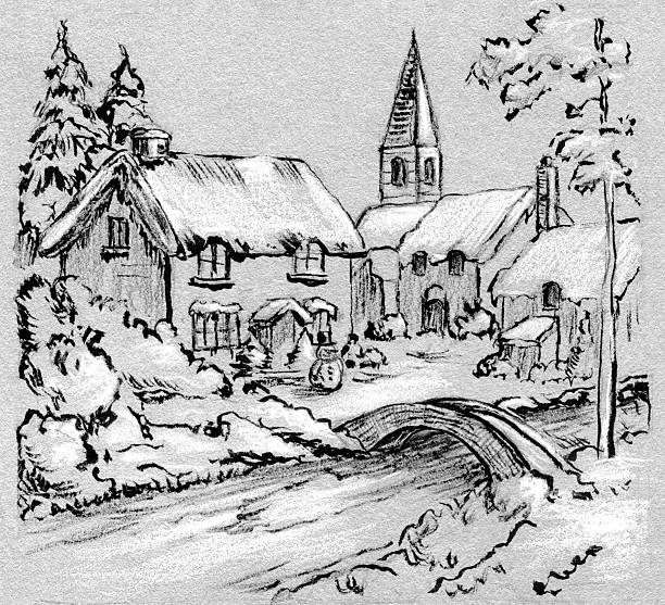 Winter landscape with a small village and a bridge crossing a river. Traditional illustration on toned paper, my own artwork.