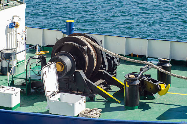 Towing winch on the deck of a tugboat.