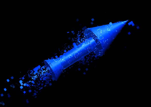 3d illustration of a composite of a three-dimensional blue arrow with text space dispersing effect on a black background