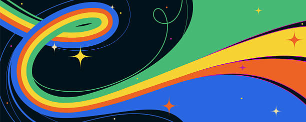 Groovy 90s Horizontal Banner with Abstract Hand Drawn Lines and Simple Stars. Cartoon minimal design with hippie vibes. Perfect for web, print, posters, decor. Vector illustration