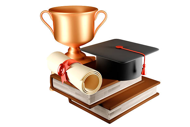 Graduation cap, diploma, and trophy symbolize academic achievement. 3d rendering