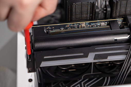 Gpu Setup Hand Installing Modern Gpu Into Pcie Slot Inside Desktop Computer Case ...