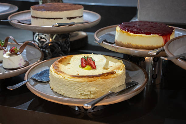 Cheesecake with various fruits at the buffet