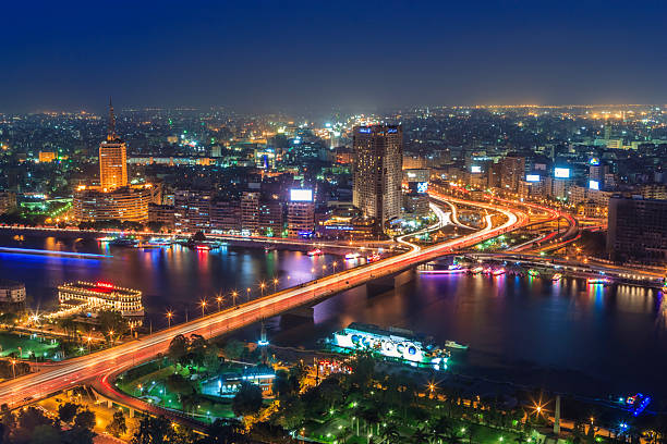 City skyline - Cairo at dusk, Panoramic view A cityscape of the downtown area of Cairo, capital city of Egypt - aerial view. This panoramic landscape is an very high resolution multi-frame composite and is suitable for large scale printing. cairo stock pictures, royalty-free photos & images
