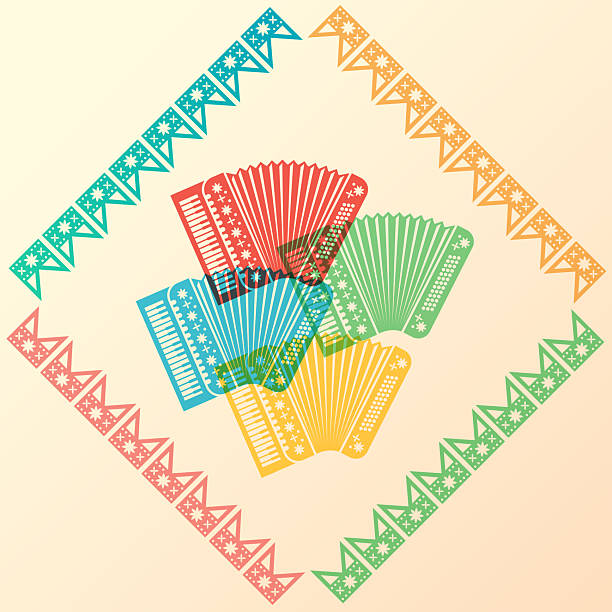 Four accordions in color overlay in a frame of colorful flags. Silhouettes in repetition style. Cute Music festival Card. Folk music instrument. Retro style. Vector illustration.