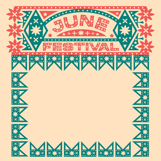 June festival beautiful green template with text space. Ornamented sign with text box. Banner or poster. Stylized in artistic linocut, woodcut or laser cutting. Vector illustration.