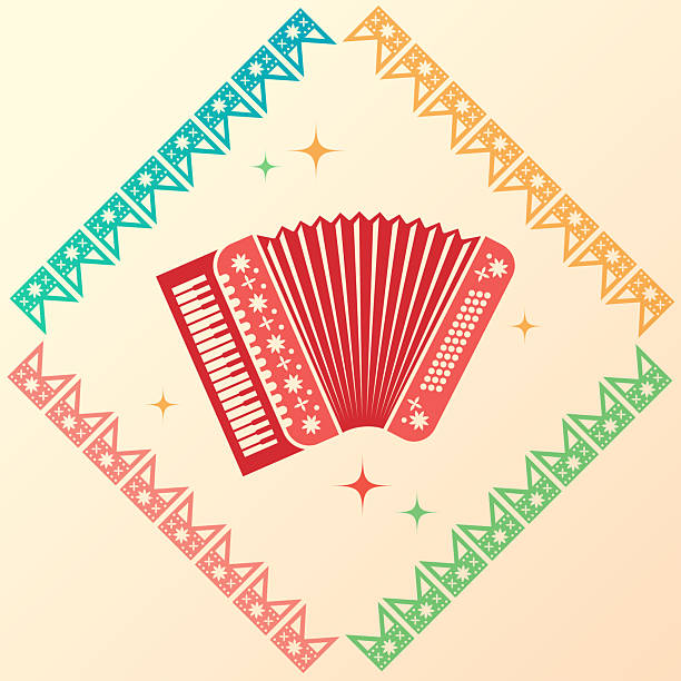 Red accordion in a frame of colorful flags. Design element. Cute Music festival Card. Folk music instrument. Retro style. Vector illustration.