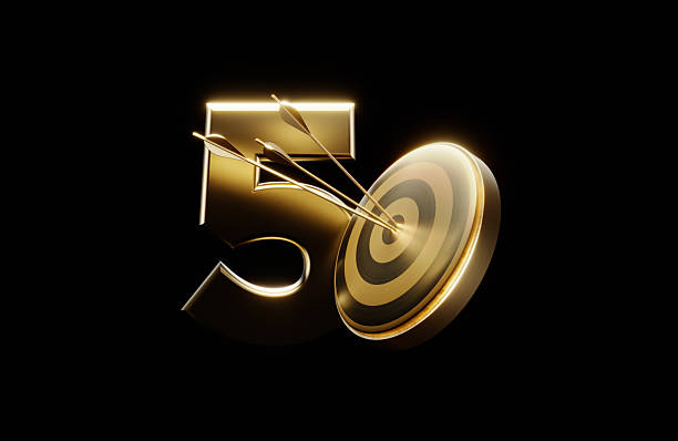 Gold colored number 5 and bulls eye target on black background. Horizontal composition with copy space. Success and strategy concept.